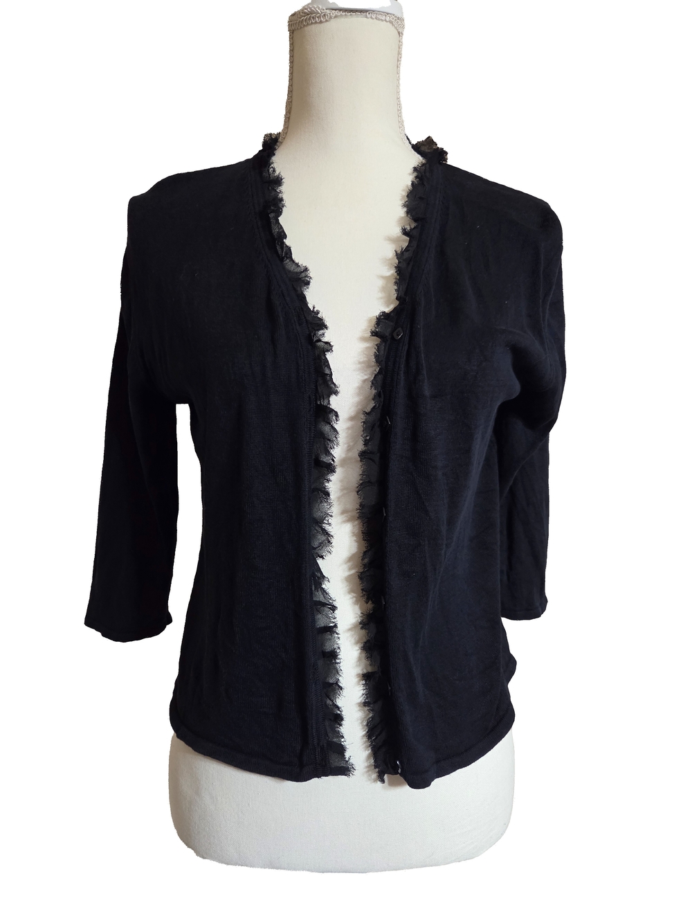 Black Lightweight Cardigan with Frayed Trim